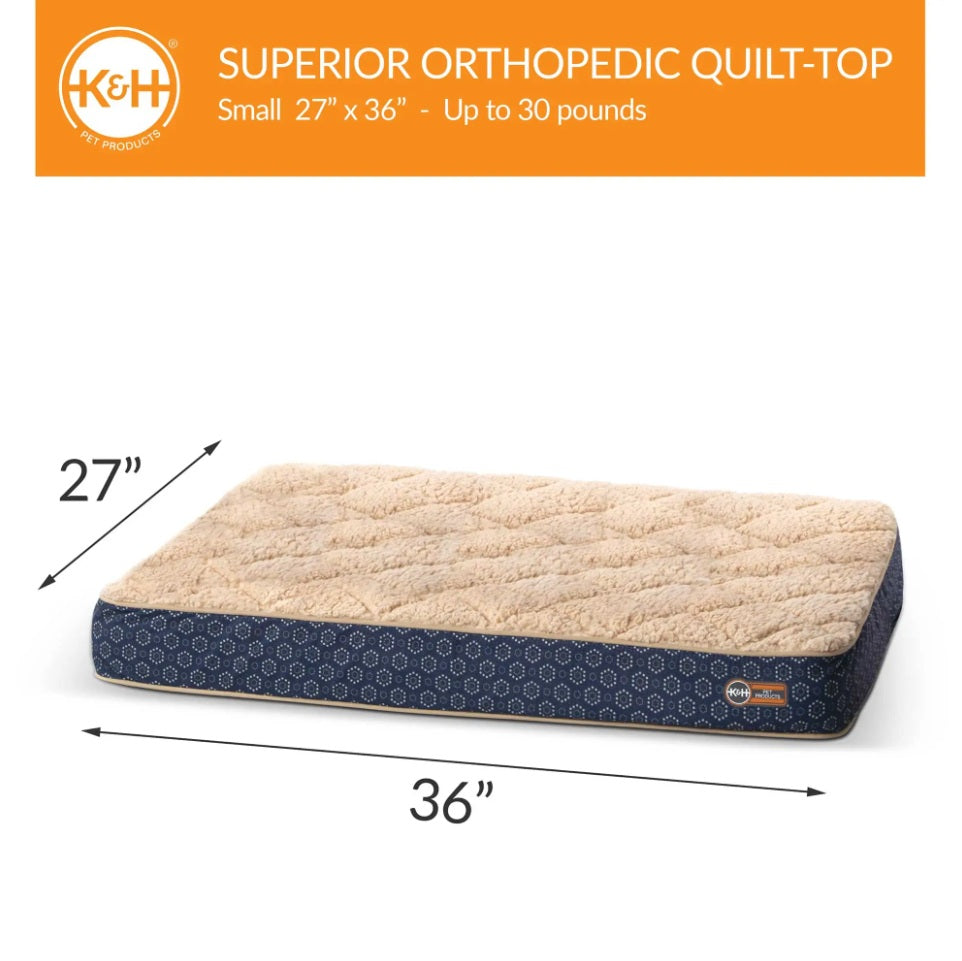 K&H Pet Products Quilt-Top Superior Orthopedic Pet Bed Small Navy Blue 27 x 36 x 4 For Pet With Love