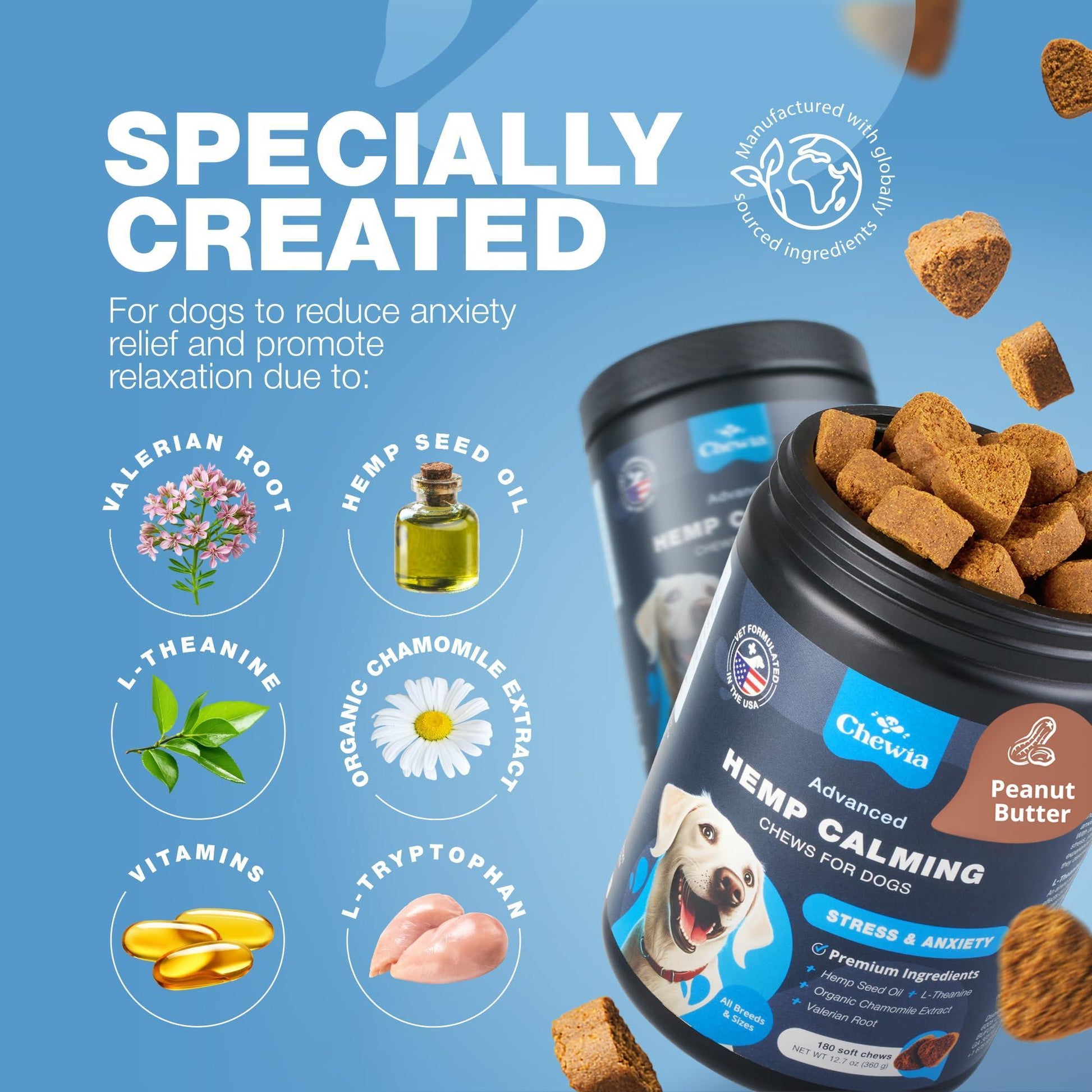 CHEWIA Hemp Calming  Treats & Anxiety Relief for Dogs 180 Chews For Pet With Love