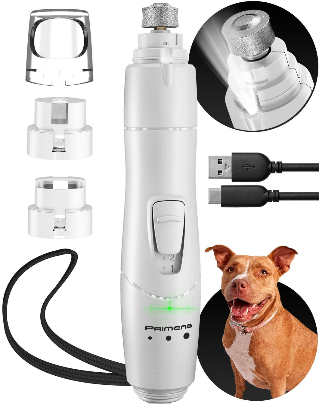 PRIMENS Rechargeable Dog Nail Grinder with LED Light (White)