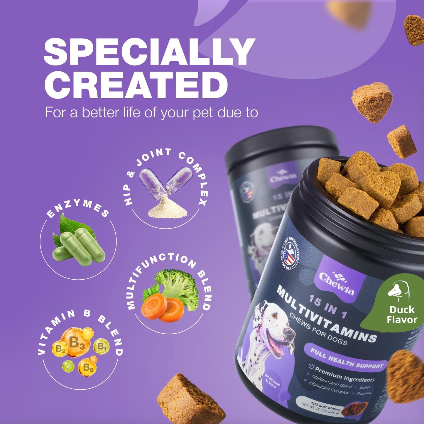 CHEWIA 15in1 Dog Multivitamin Immune Support, Skin & Coat, Mobility Support 180 Ct For Pet With Love