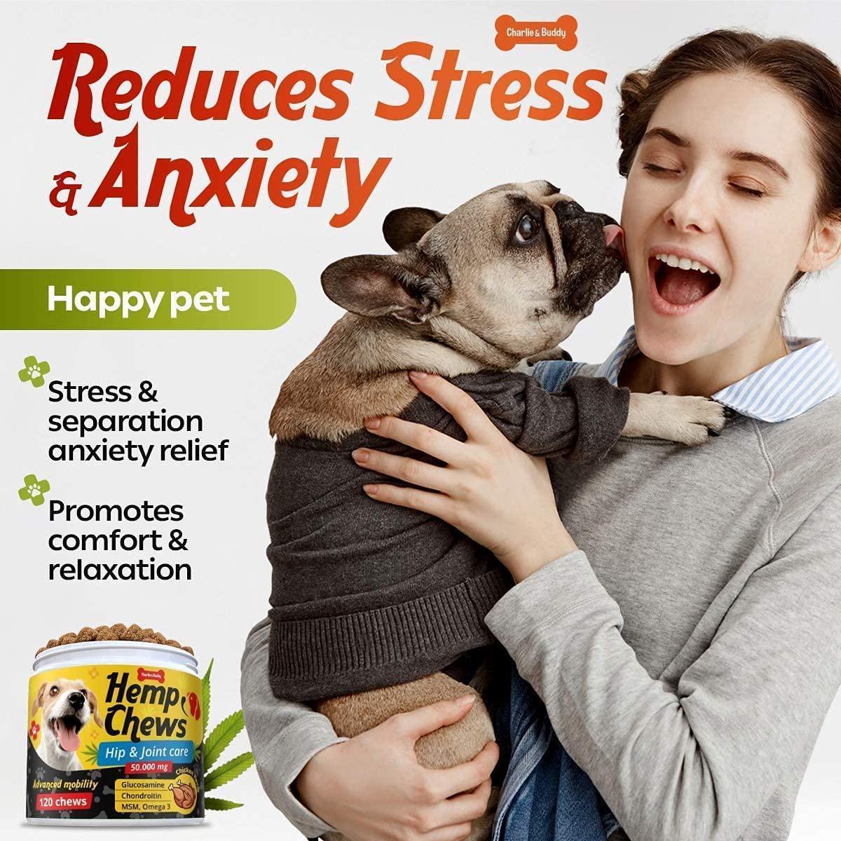 Charlie and Buddy Hemp Dog Hip and Joint Supplement w/Glucosamine Chondroitin 120 Ct For Pet With Love