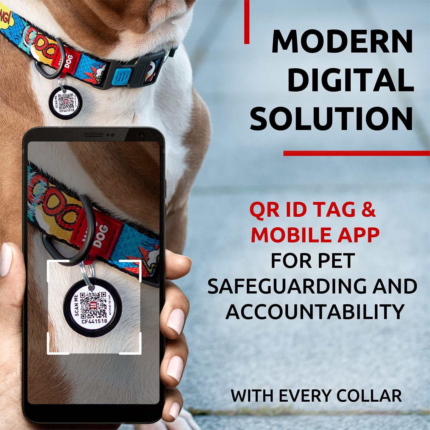 WAUDOG Adjustable Nylon Dog Collar with Durable Plastic Buckle and QR Dog Tag. LARGE (WOW! Print) For Pet With Love