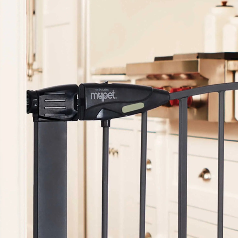 North States MyPet Wide Deco EasyPass Pet Gate with Auto Close 5442 1.75 x 29.75-40.5 x 31 For Pet With Love