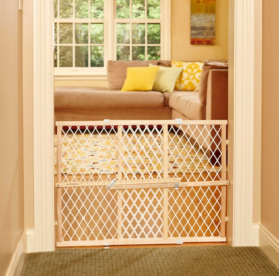 North States MyPet Diamond Mesh Wood Pet Gate Light Wood 2.75 x 26.5-42 x 23 For Pet With Love
