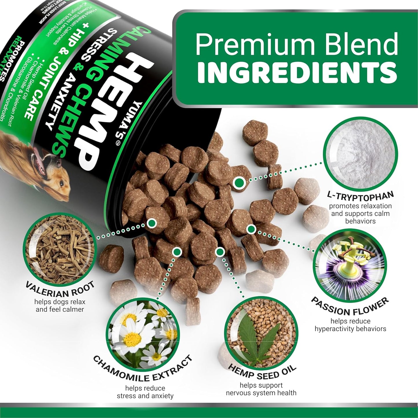 YUMA'S Advanced Strength Hemp Stress & Anxiety Relief Calming Chews for Dogs. Hip & Joint Support Supplemen. Beef Liver Flavor. 170 Chews For Pet With Love