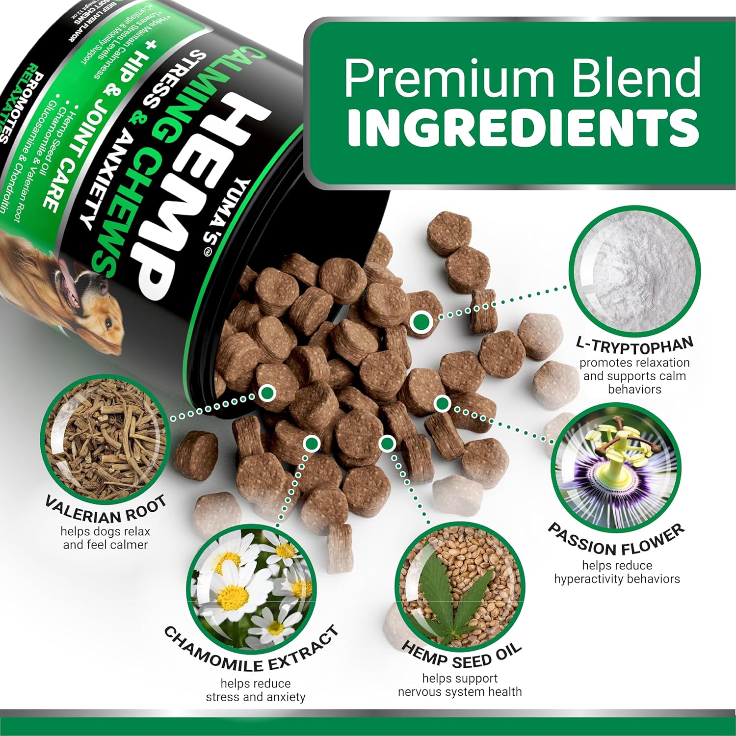 YUMA'S Advanced Strength Hemp Stress & Anxiety Relief Calming Chews for Dogs. Hip & Joint Support Supplemen. Beef Liver Flavor. 170 Chews For Pet With Love