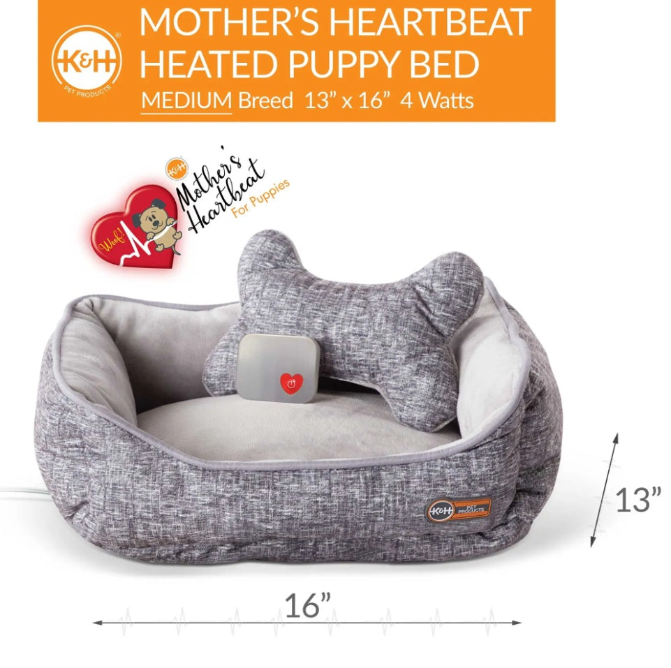 K&H Pet Products Mother's Heartbeat Heated Puppy Pet Bed with Bone Pillow Medium Gray 16 x 13 x 6 For Pet With Love