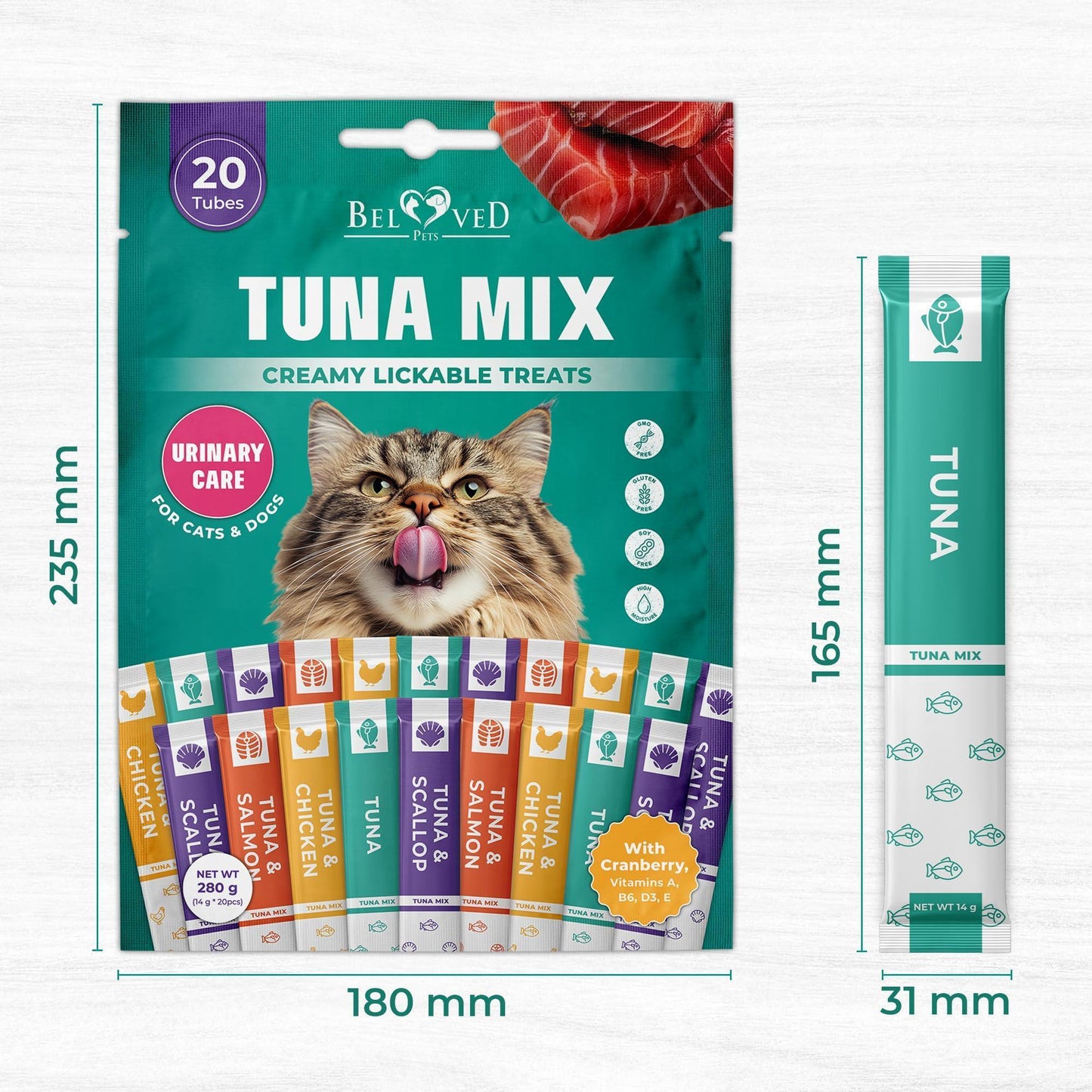 Beloved Pets Creamy Lickable Urinary Care Multivitamin Cat Treats & Wet Squeeze Tubes – Tuna Mix Liquid Cat Snacks  – 20 Sticks For Pet With Love