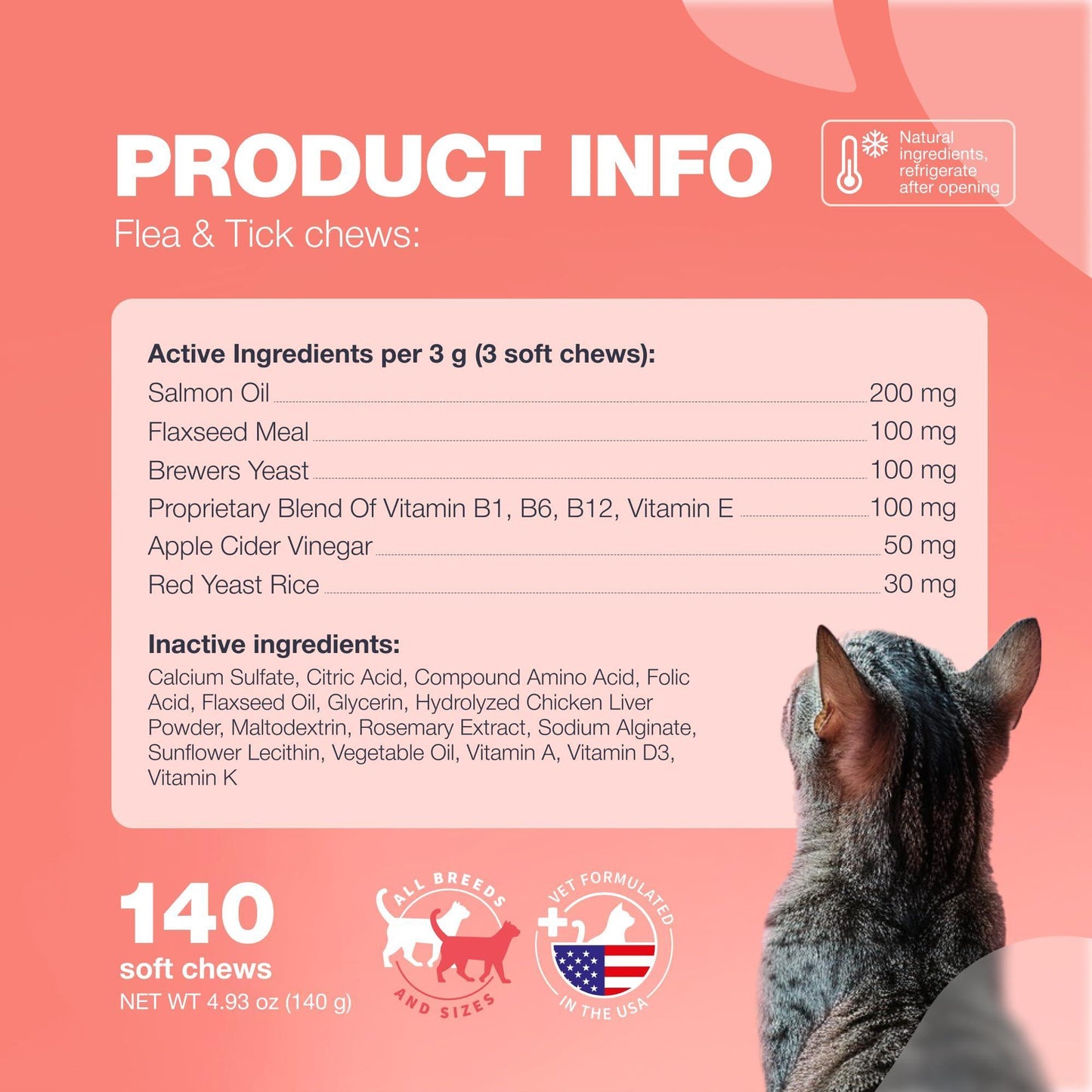CHEWIA Daily Oral Cat Flea and Tick Treatment Chews for Cats. Natural Chicken Flavor  For All Breeds & Ages. 140 Chews