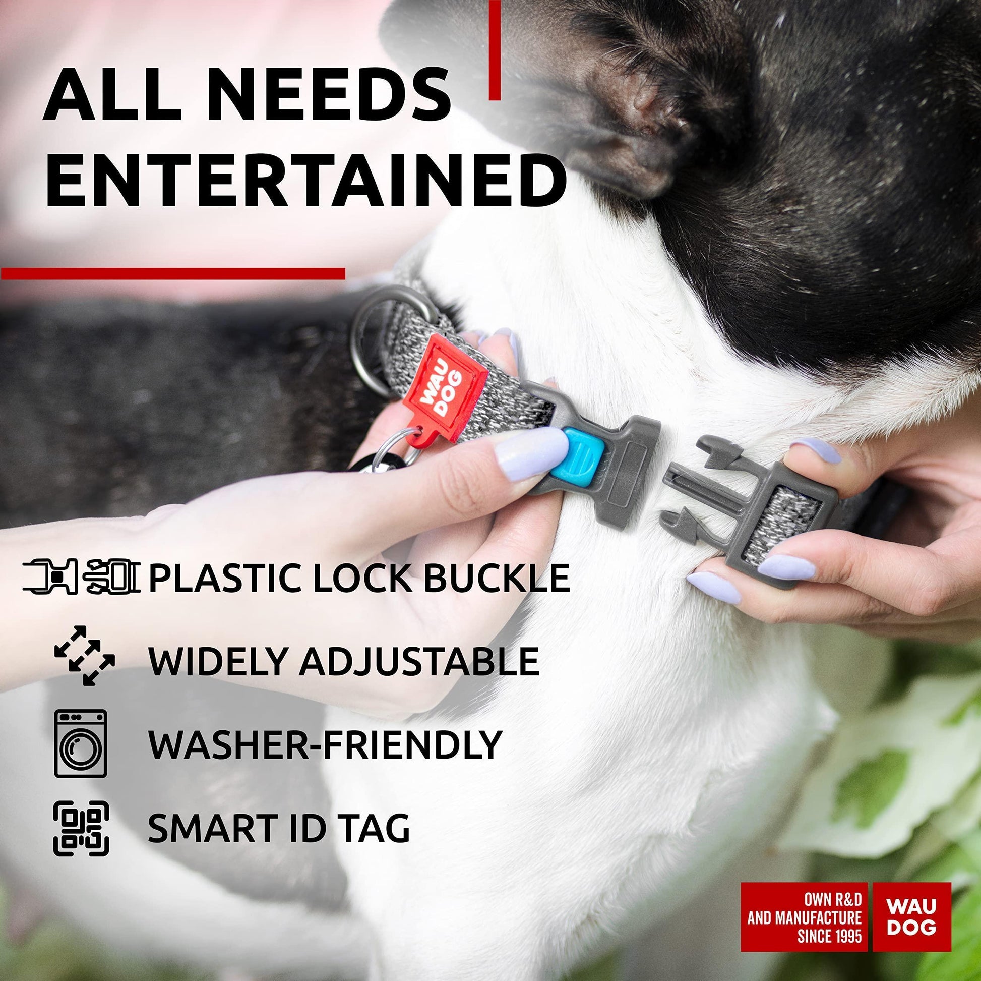 WAUDOG Adjustable Reflective Cotton Dog Collar with QR ID Tag. Eco Friendly Alternative to Nylon. XLARGE. Gray. For Pet With Love