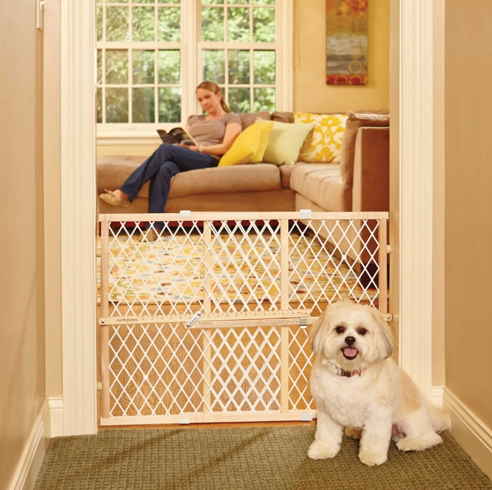 North States MyPet Diamond Mesh Wood Pet Gate Light Wood 2.75 x 26.5-42 x 23 For Pet With Love