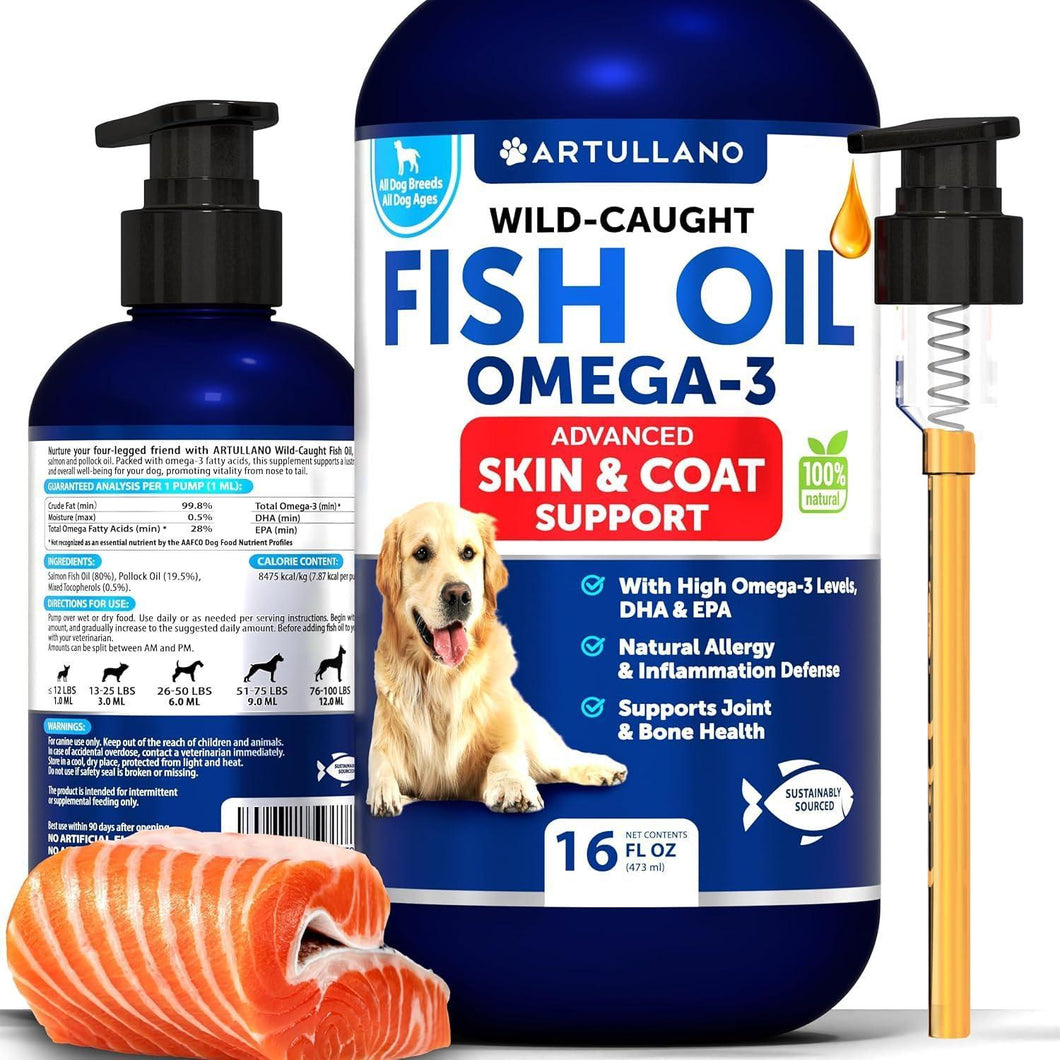 Artullano Omega 3 Fish Oil Dog Skin and Coat Defense Liquid Supplement & Allergy Relief 16 Oz For Pet With Love