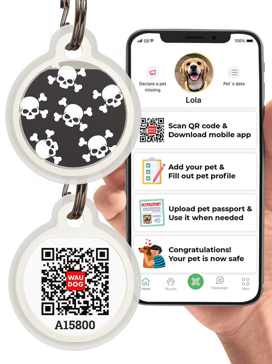 WAUDOG Silicone QR Code Pet ID Tags for Dogs (Skulls) For Pet With Love