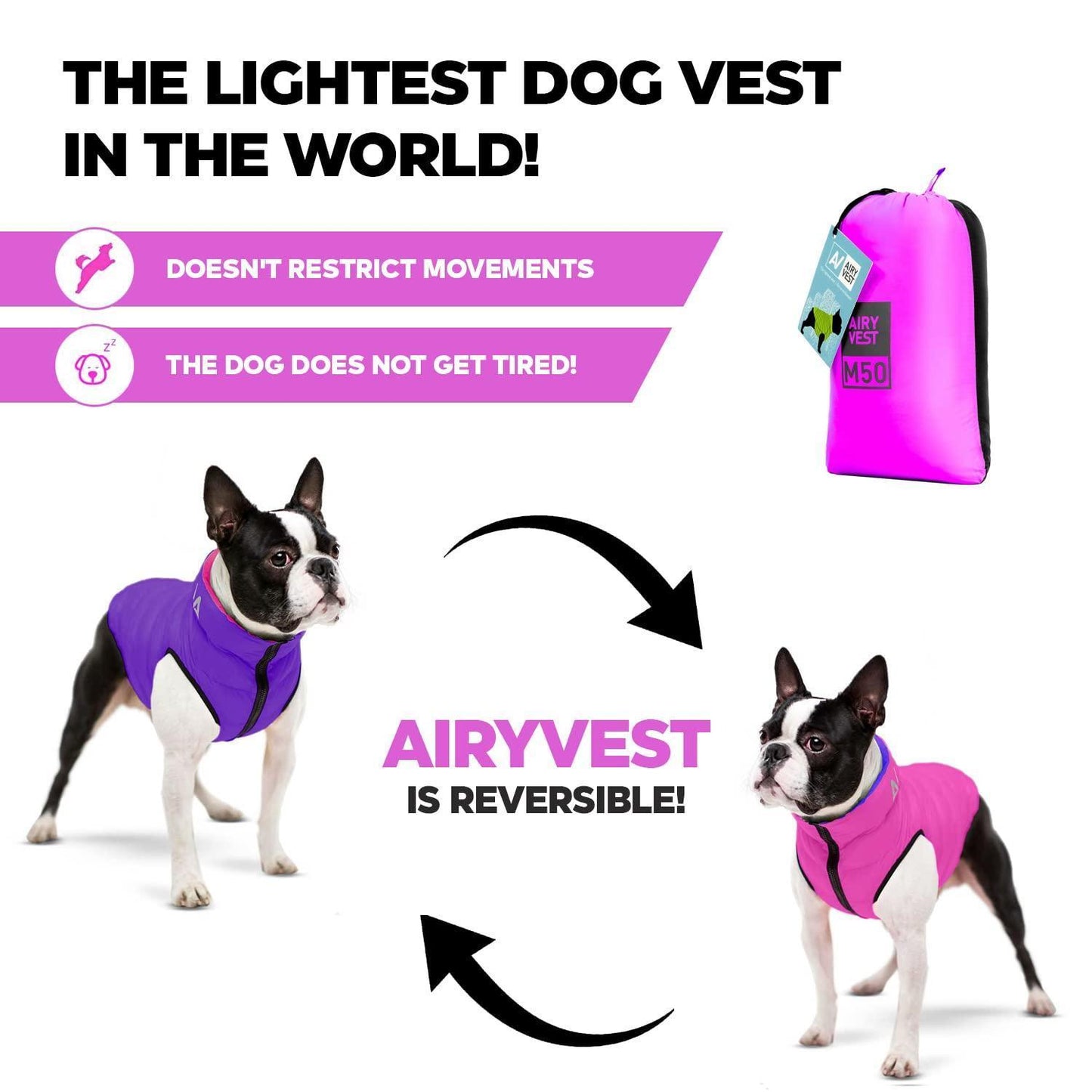 AiryVest Lightweight Reversible Winter Dog Jacket - XSMALL - Pink/Purple For Pet With Love