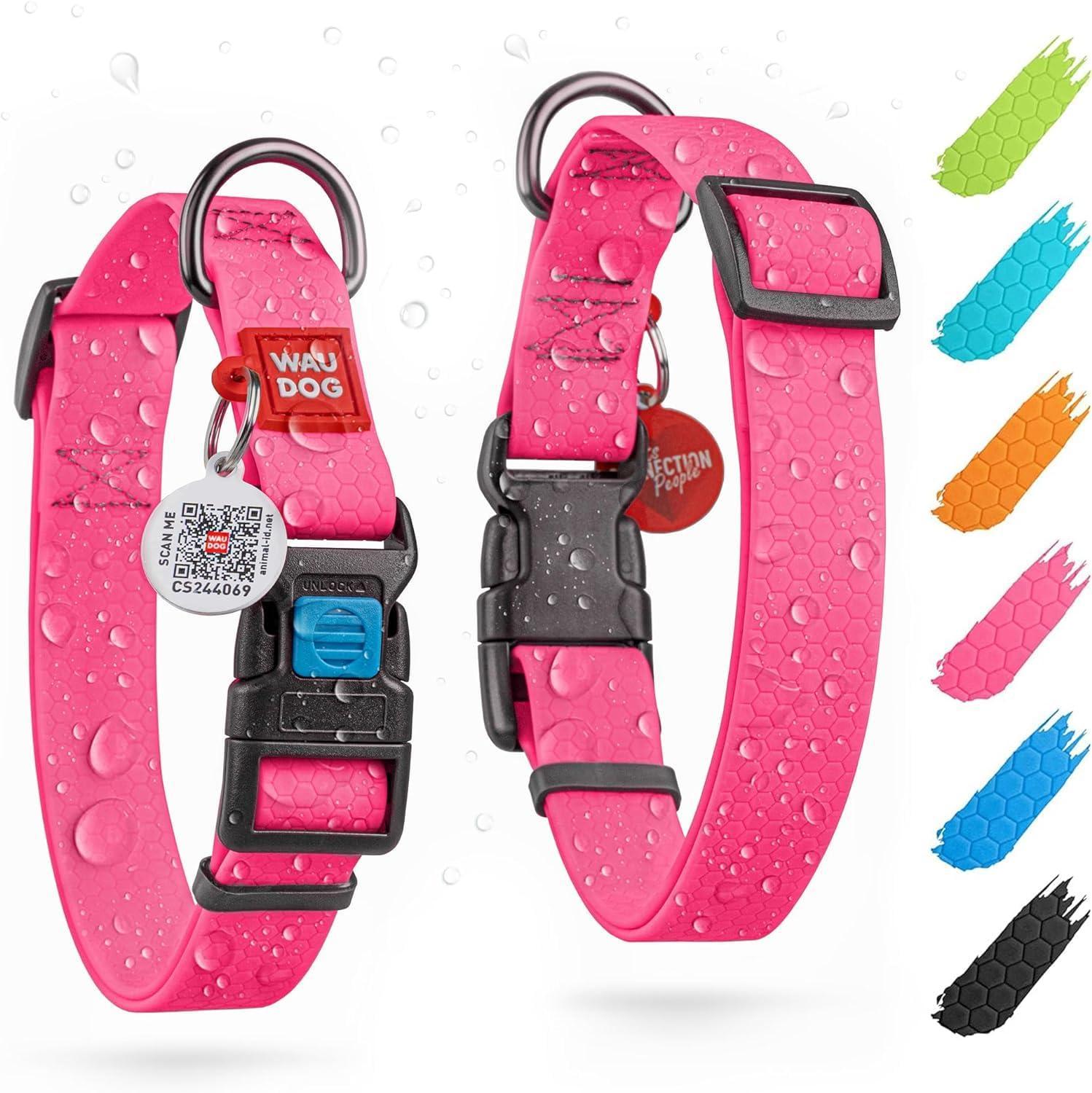 WAUDOG Adjustable Waterproof Heavy Duty Dog Collar with Durable Plastic Buckle and QR Dog Tag. XXLARGE (Pink) For Pet With Love