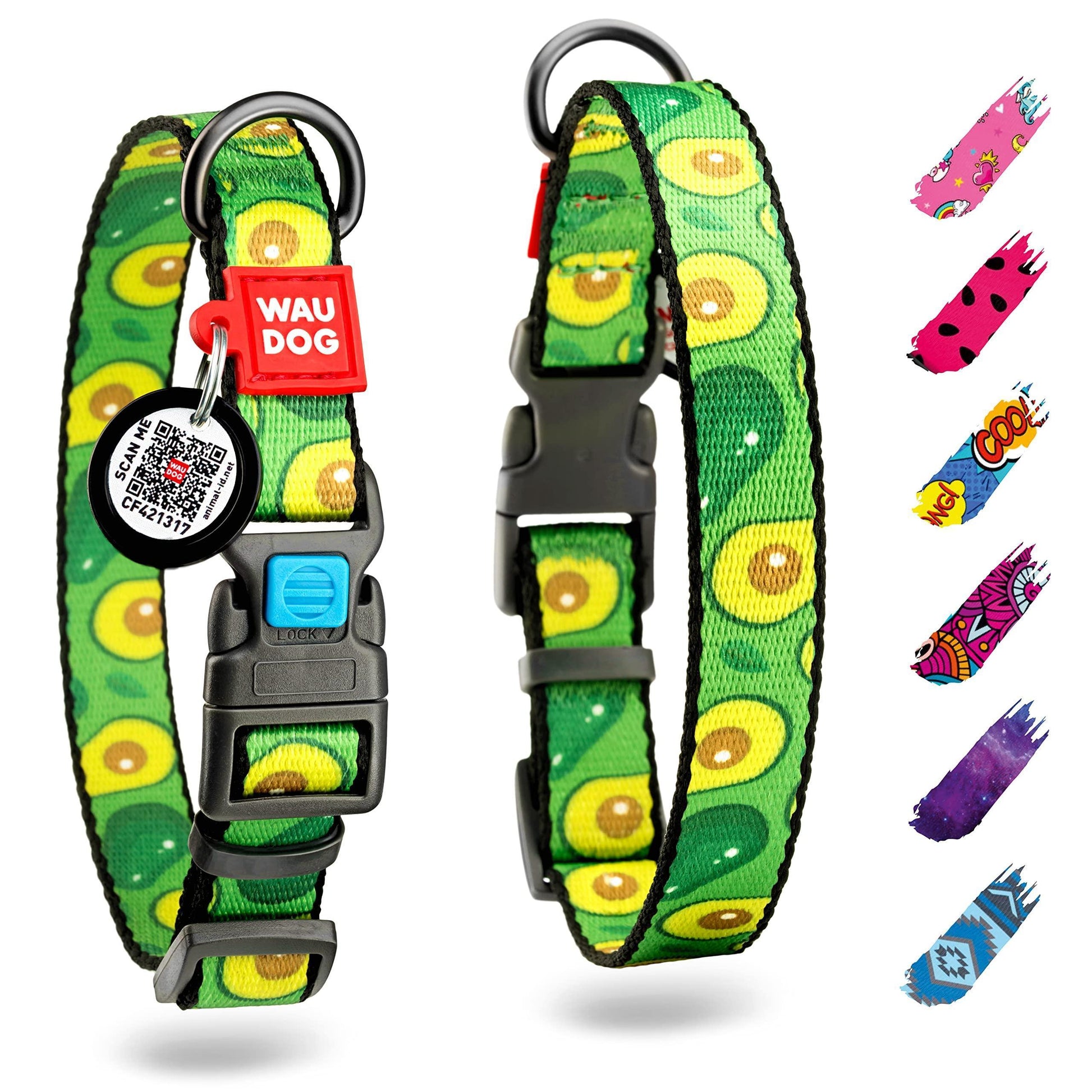 WAUDOG Nylon Adjustable Dog Collar with Durable Plastic Buckle and QR Dog Tag AVOCADO LARGE For Pet With Love