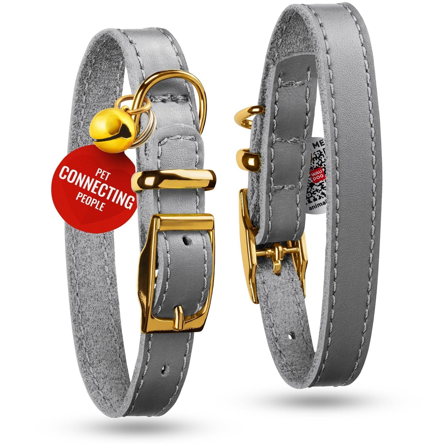 WAUDOG Leather Cat Collar with Removable Bell and QR ID Tag. GRAY. MEDIUM For Pet With Love