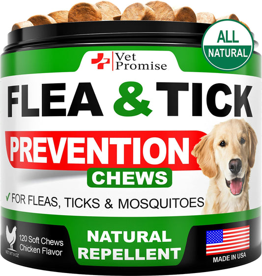 Vet Promise All Natural Flea and Tick Prevention Treatment for Dogs. 120 Chews. Chicken Flavor For Pet With Love