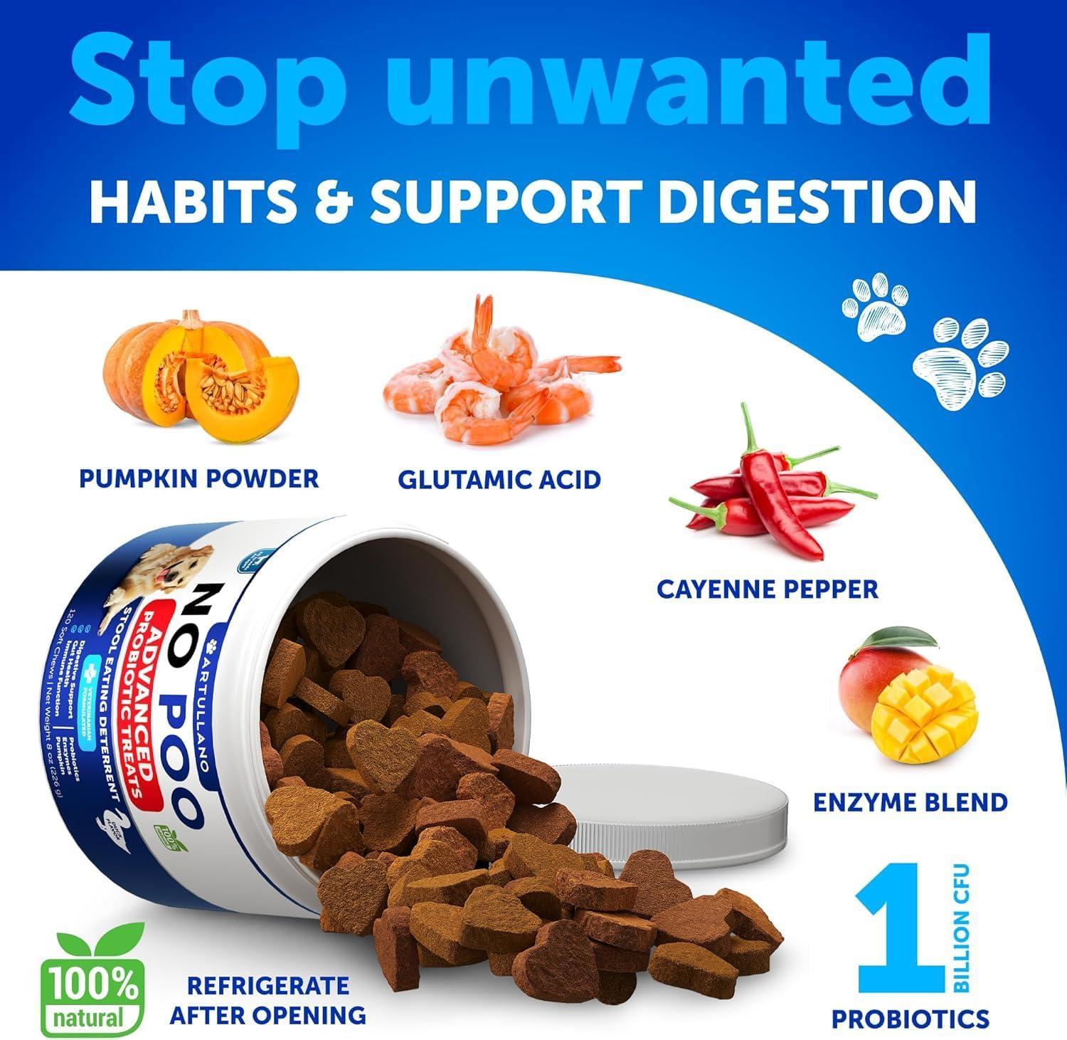 Artullano NO POO Chews for Dogs & Puppies w/Probiotics & Enzymes Digestive Gut Health Support Supplement 120 Chews For Pet With Love