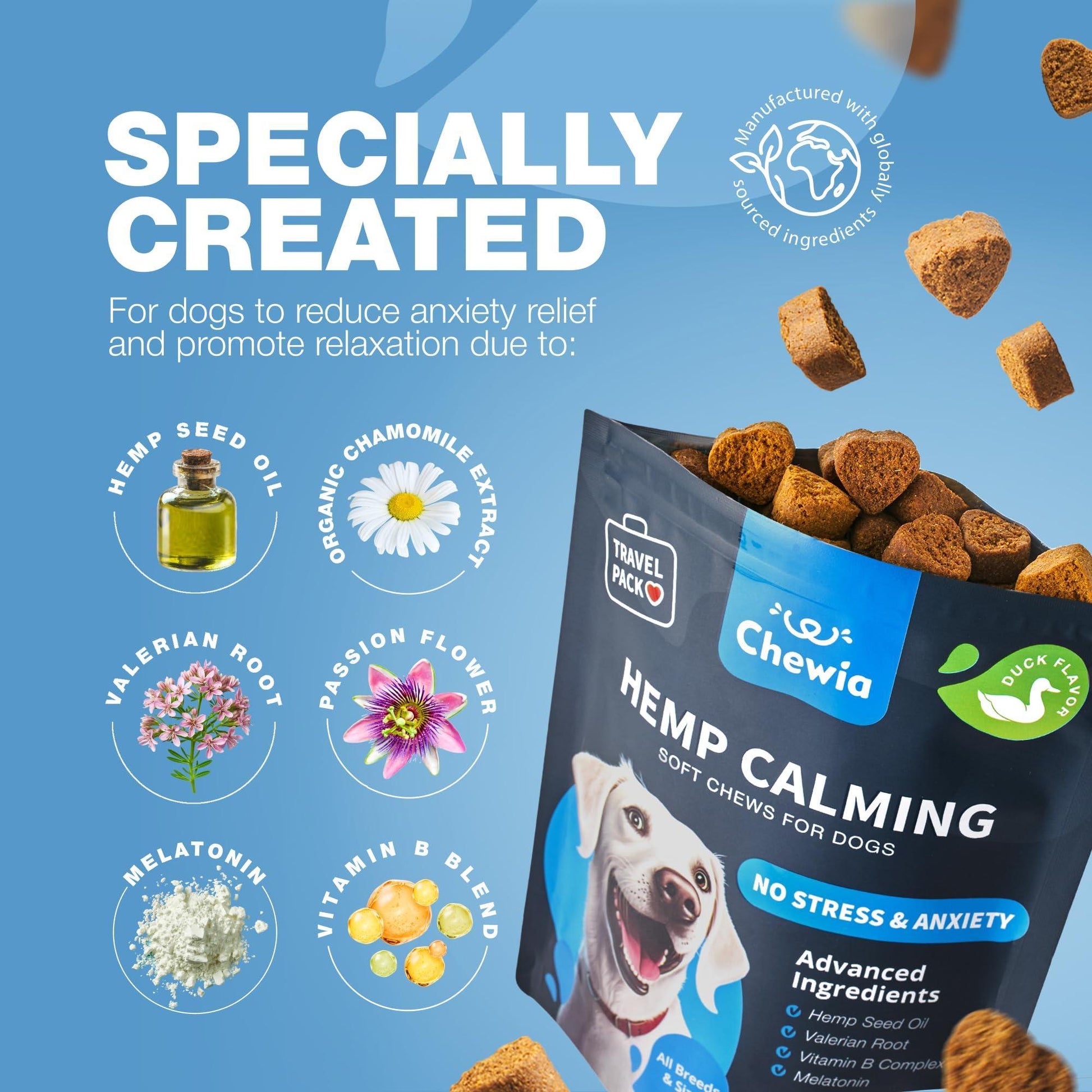 CHEWIA Hemp Dog Calming Treats Duck Flavor Travel Pack 5 Oz For Pet With Love