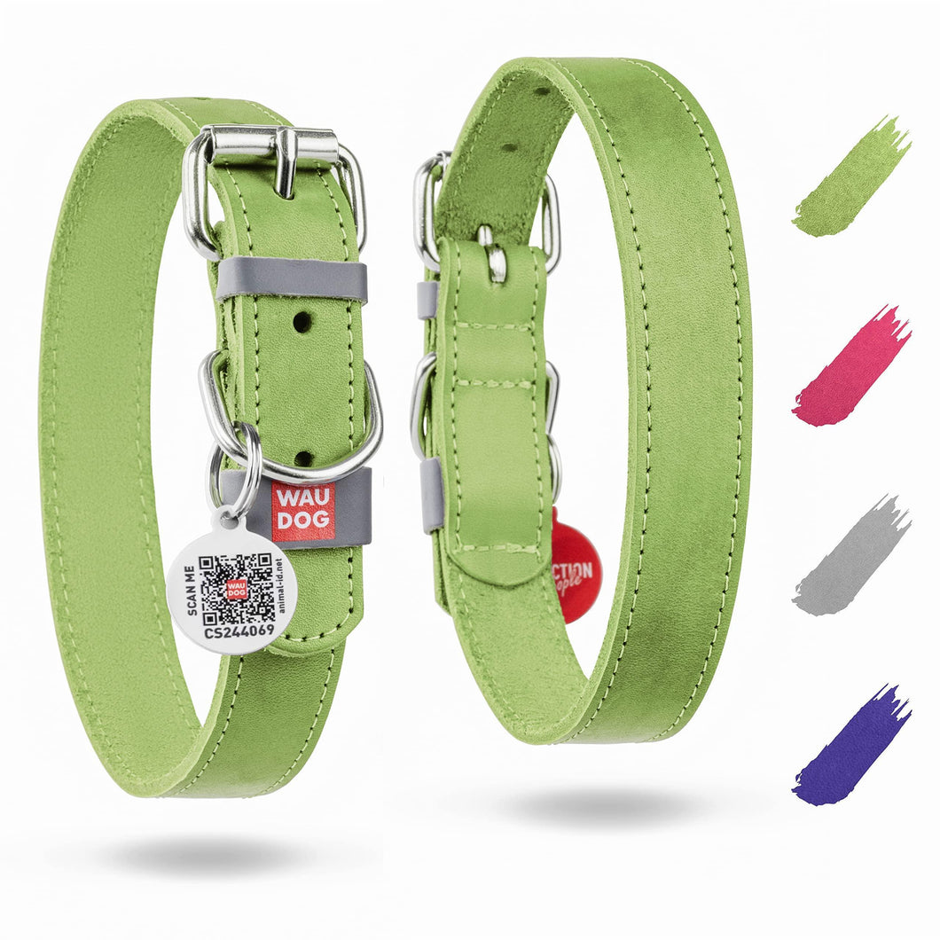 WAUDOG Long Lasting Leather Dog Collar with Durable Buckle D Ring & QR Dog Tag GREEN LARGE