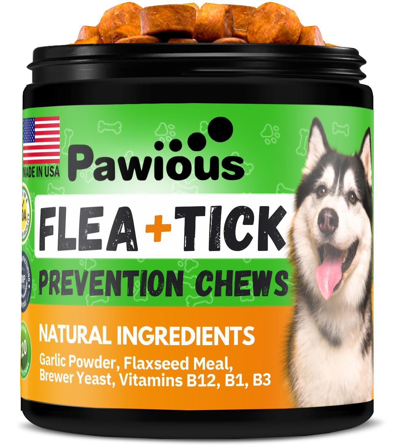 Pawious Natural Flea and Tick Prevention Treatment for Dogs Treats. 120 Chews. Made in USA For Pet With Love