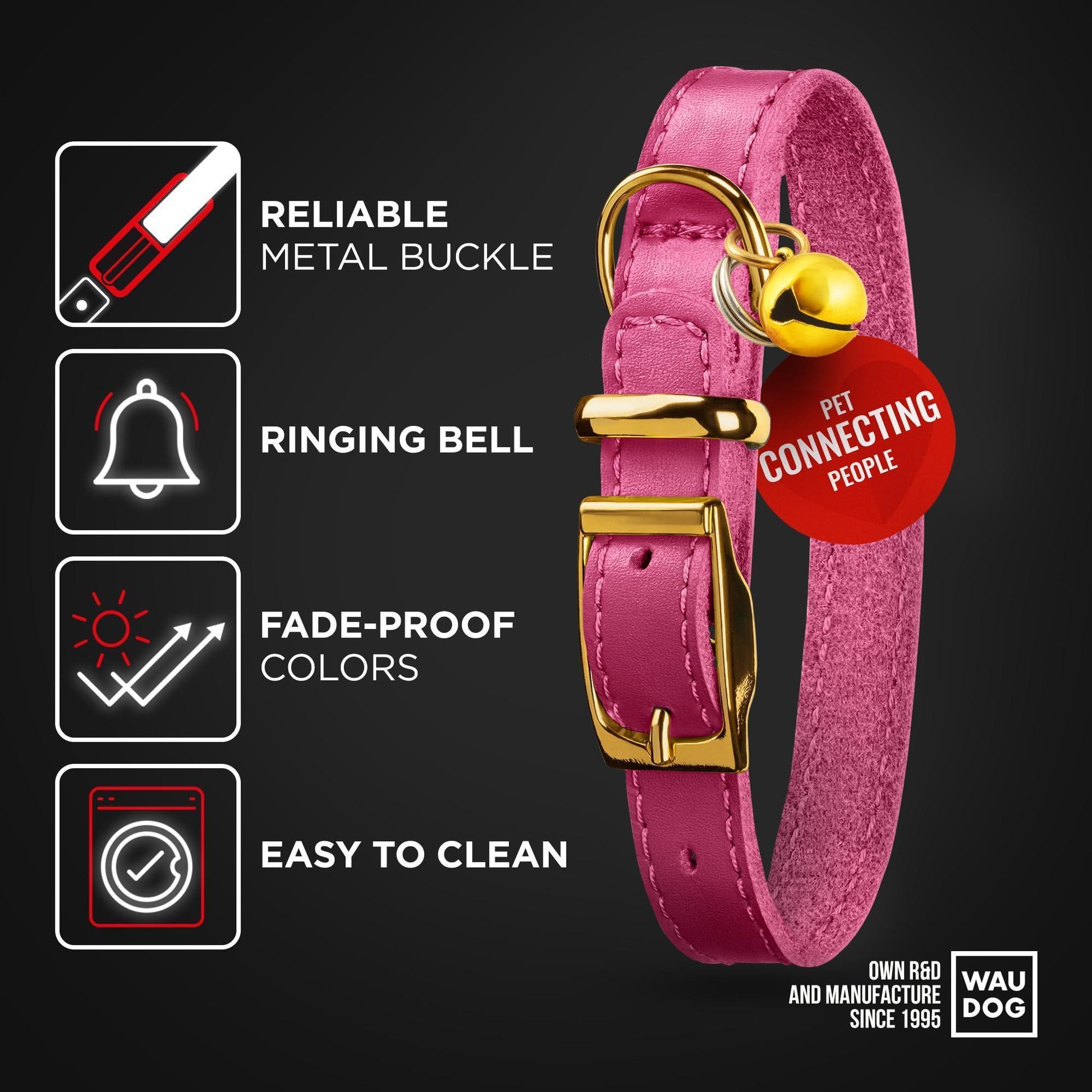 WAUDOG Leather Cat Collar with Removable Bell and QR ID Tag. PINK. MEDIUM For Pet With Love