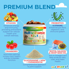 Load image into Gallery viewer, Makondo Pets 12 in 1 Dog Multivitamin complex for Dogs with Glucosamine Joint Support, Gut Digestive Enzymes &amp; Probiotics, Cranberry Urinary Health &amp; Vitamins for Energy. Skin, Coat, Liver &amp; Immune Aid. 120 Soft Treats
