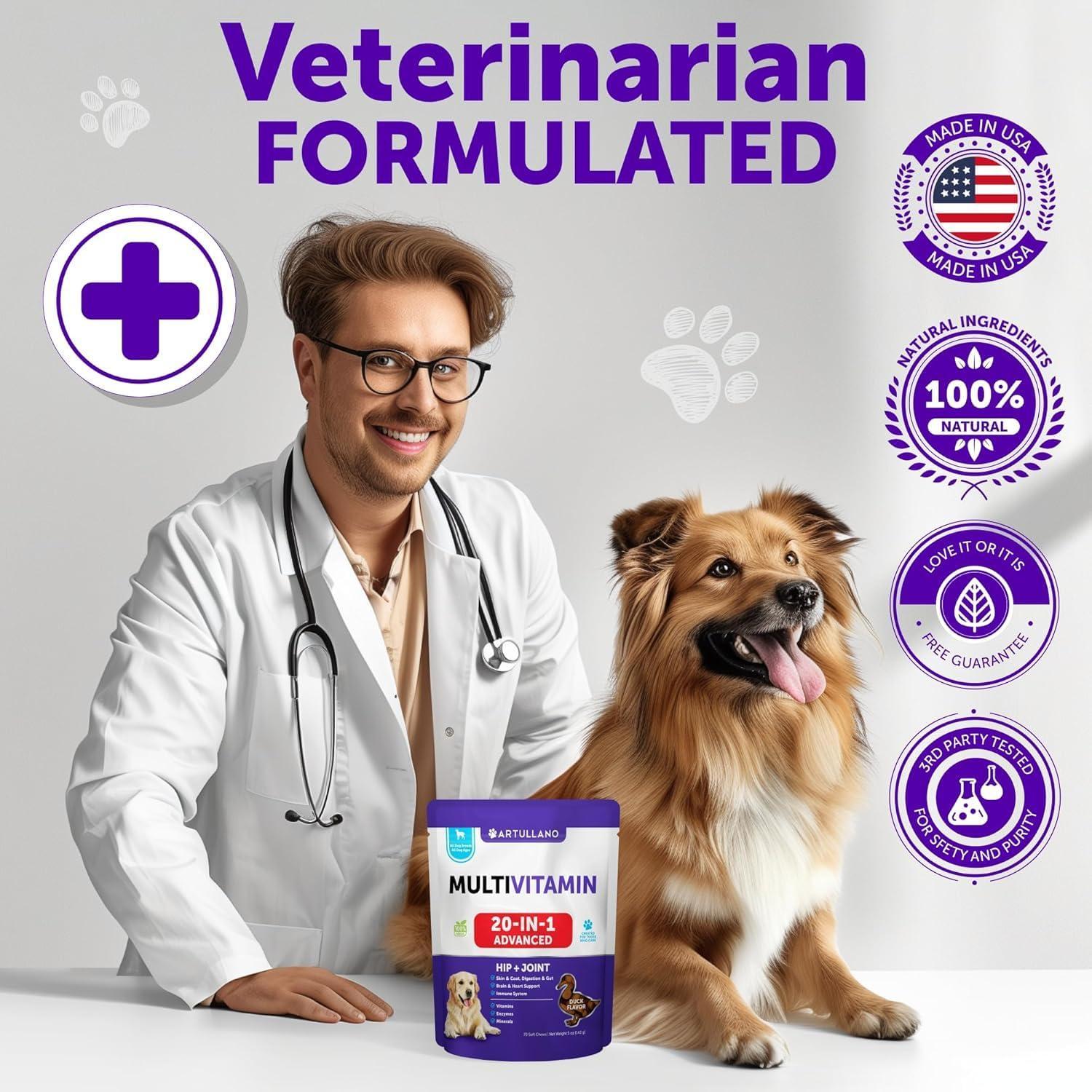 Artullano 20 in 1 Chewable Dog Multivitamin Supplement with Glucosamine. Pet Hip & Joint Support, Immunity, Mobility, Skin, Digestion Suppprt. (70 Soft Treats. Duck Flavor) For Pet With Love