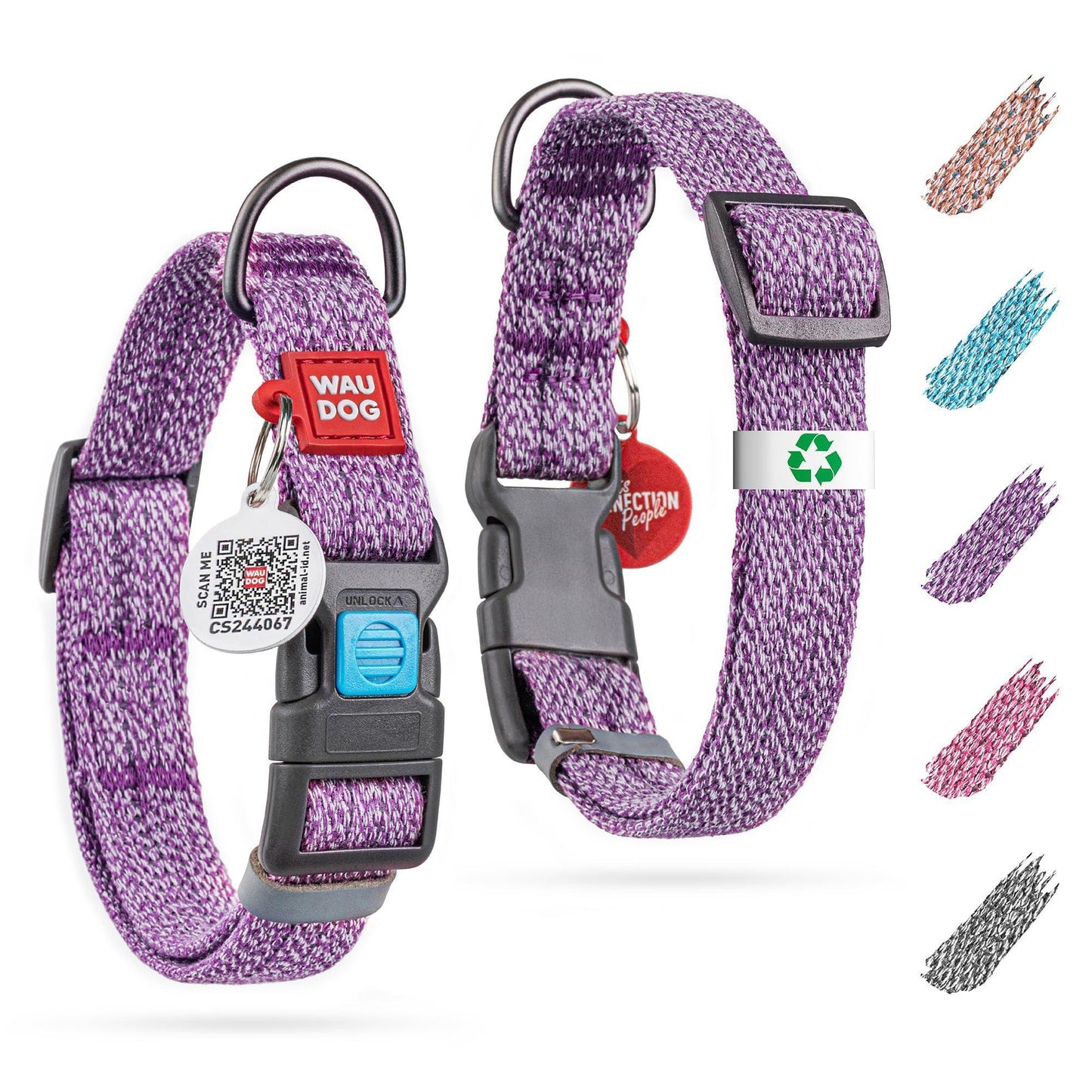 WAUDOG Eco Friendly Reflective Cotton Dog Collar PURPLE LARGE For Pet With Love