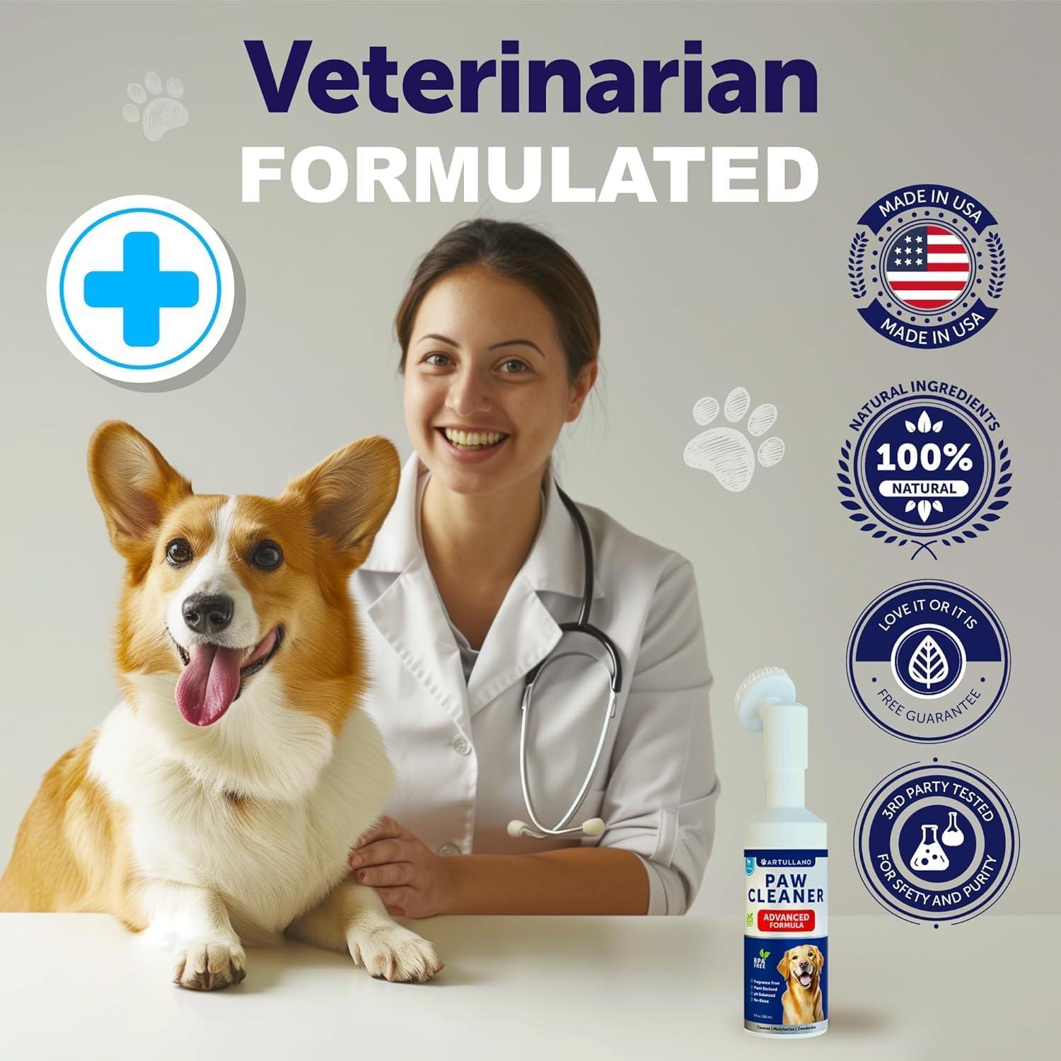 Artullano Paw Cleaner for Dogs Silicone Brush and 5fl Oz No Rinse Foaming Cleanser For Pet With Love