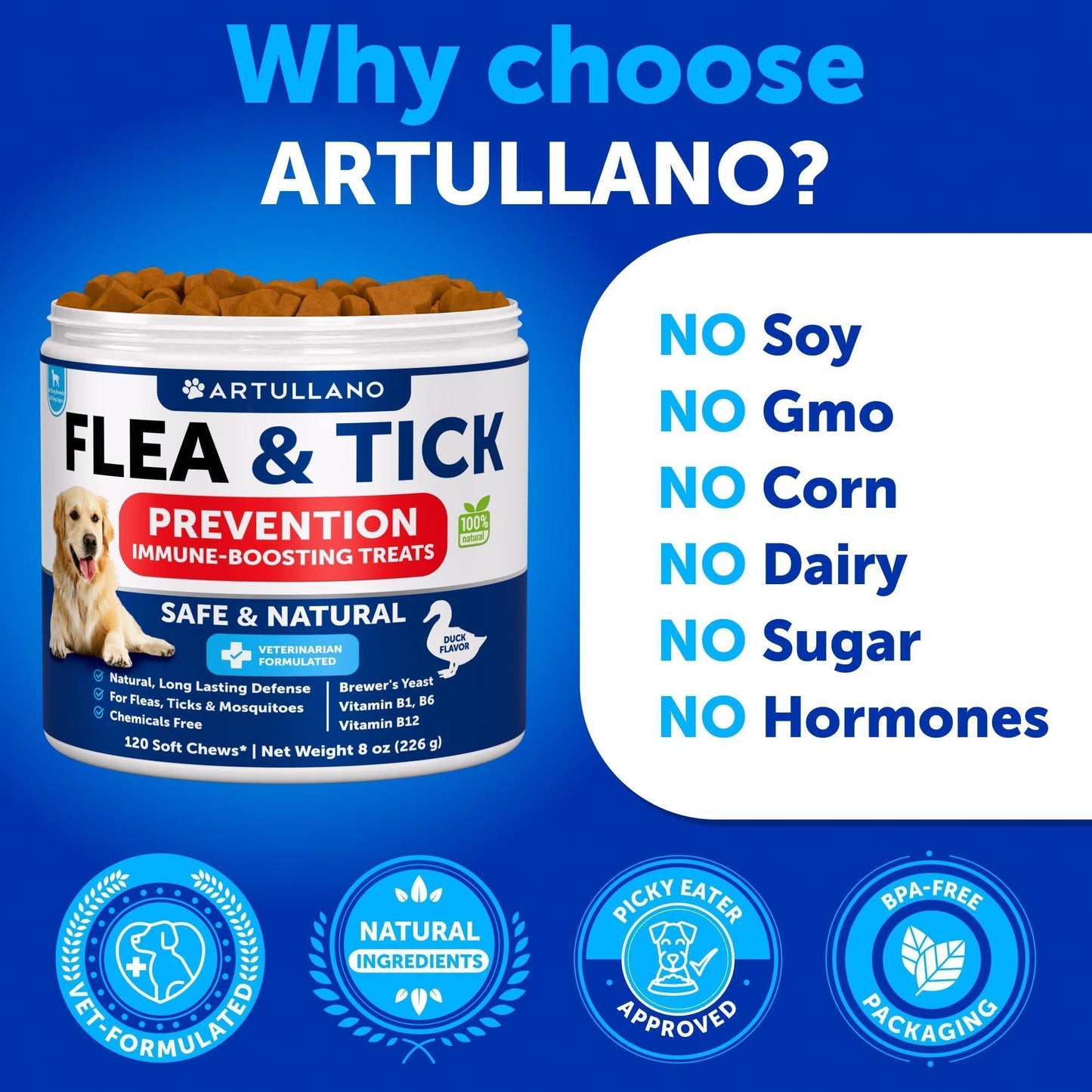 Artullano Natural Flea and Tick Supplement for Dogs. Flea and Tick Prevention Chewables with Vitamins B1, B6, B12.  Made in USA. (240 Chews. 2 Pack) For Pet With Love