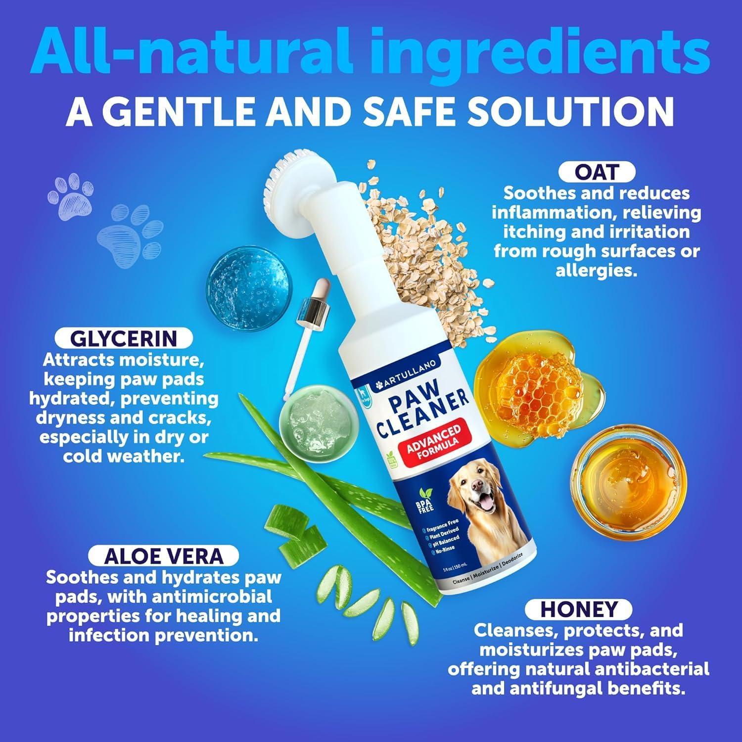 Artullano Paw Cleaner for Dogs Silicone Brush and 5fl Oz No Rinse Foaming Cleanser For Pet With Love