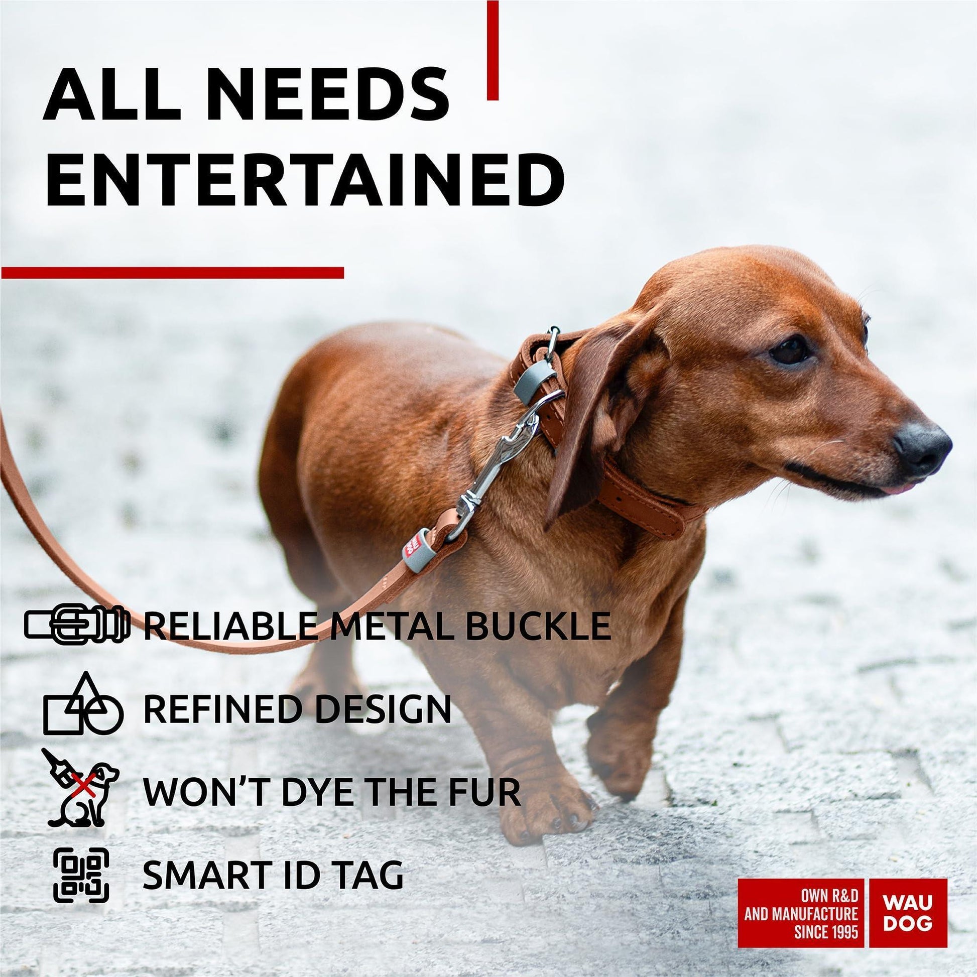 WAUDOG Long Lasting Leather Dog Collar for Large Dogs Medium & Small Dogs   Adjustable Classic Puppy Collars for Large Breed Dogs   Boy & Girl Dog Collars with Durable Buckle D Ring & QR Dog Tag For Pet With Love
