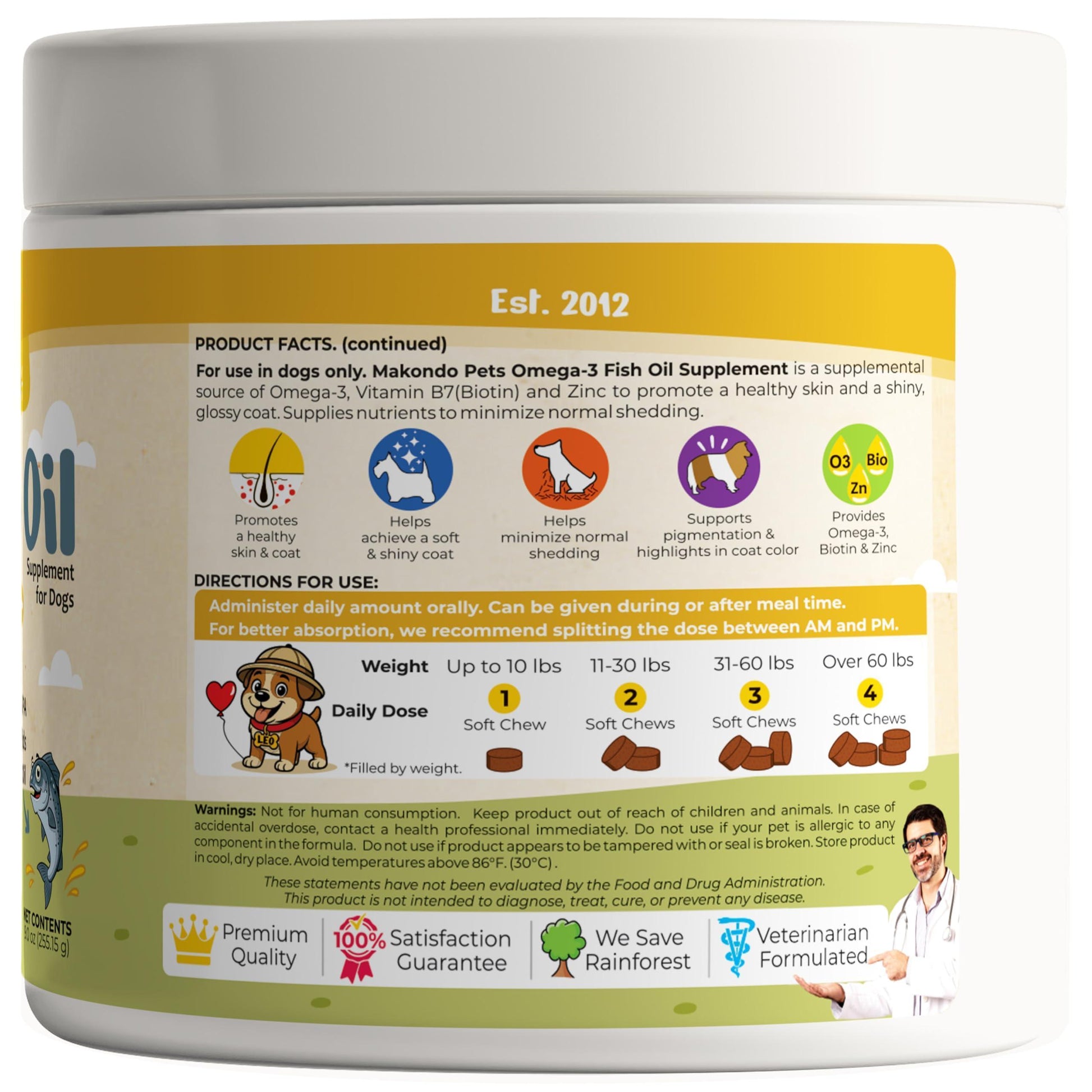 Makondo Pets Omega 3 Allergy, Itch and Hot Spots Relief, Skin and Coat Supplement for Dogs. Joint Health Support with EPA & DHA Fatty Acids Biotin.  120 Fish Oil Soft Chews for Shedding  Dogs with Salmon Oil For Pet With Love