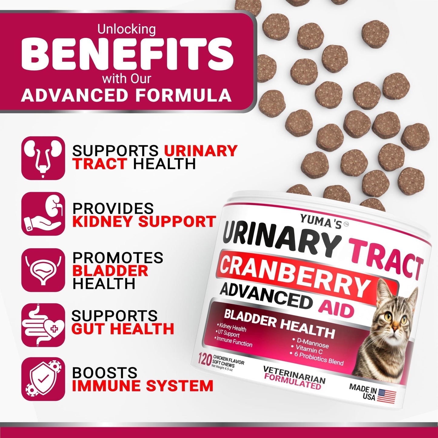 YUMA'S Cat Urinary Tract Infection Multivitamin Treatment and Supplement. 120 Chews For Pet With Love