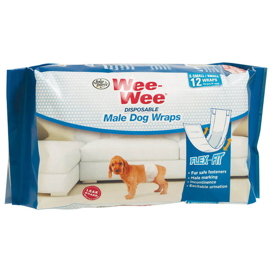 Four Paws Wee-Wee Disposable Male Dog Wraps 12 pack Extra Small / Small White For Pet With Love