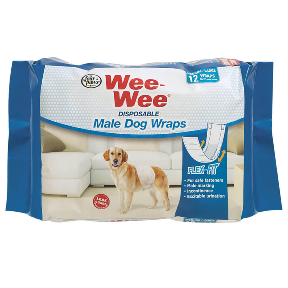 Four Paws Wee-Wee Disposable Male Dog Wraps 12 pack Medium / Large White For Pet With Love