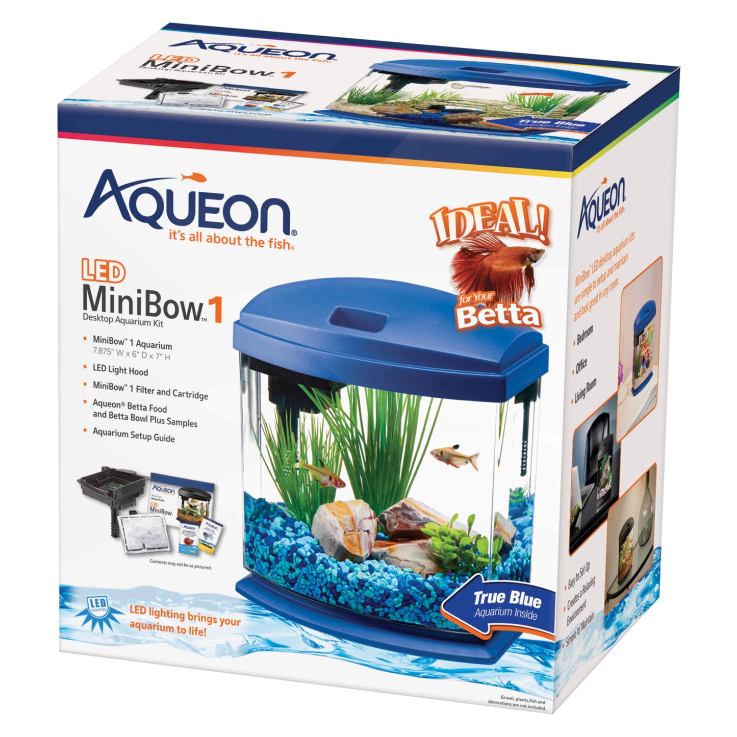 Aqueon MiniBow LED Aquarium Kit 1 Gallon Blue 8.5 x 6.25 x 9.25 For Pet With Love