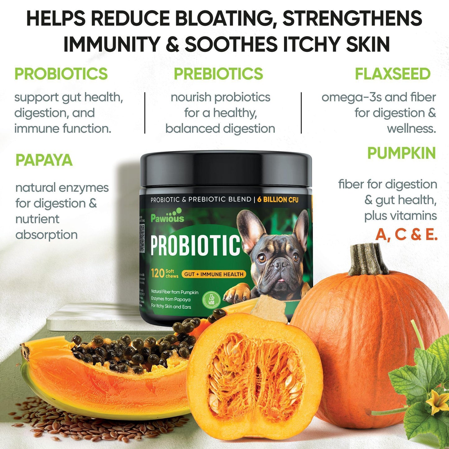 PAWIOUS Probiotics & Enzymes Digestive Health Immune Support for Dogs 120 Chews For Pet With Love