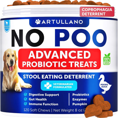 Artullano No Poo Advanced Probiotic Treats packaging with a dog on a white background