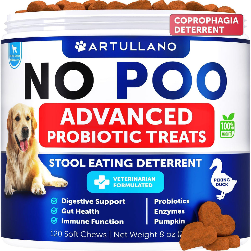 Artullano No Poo Advanced Probiotic Treats packaging with a dog on a white background