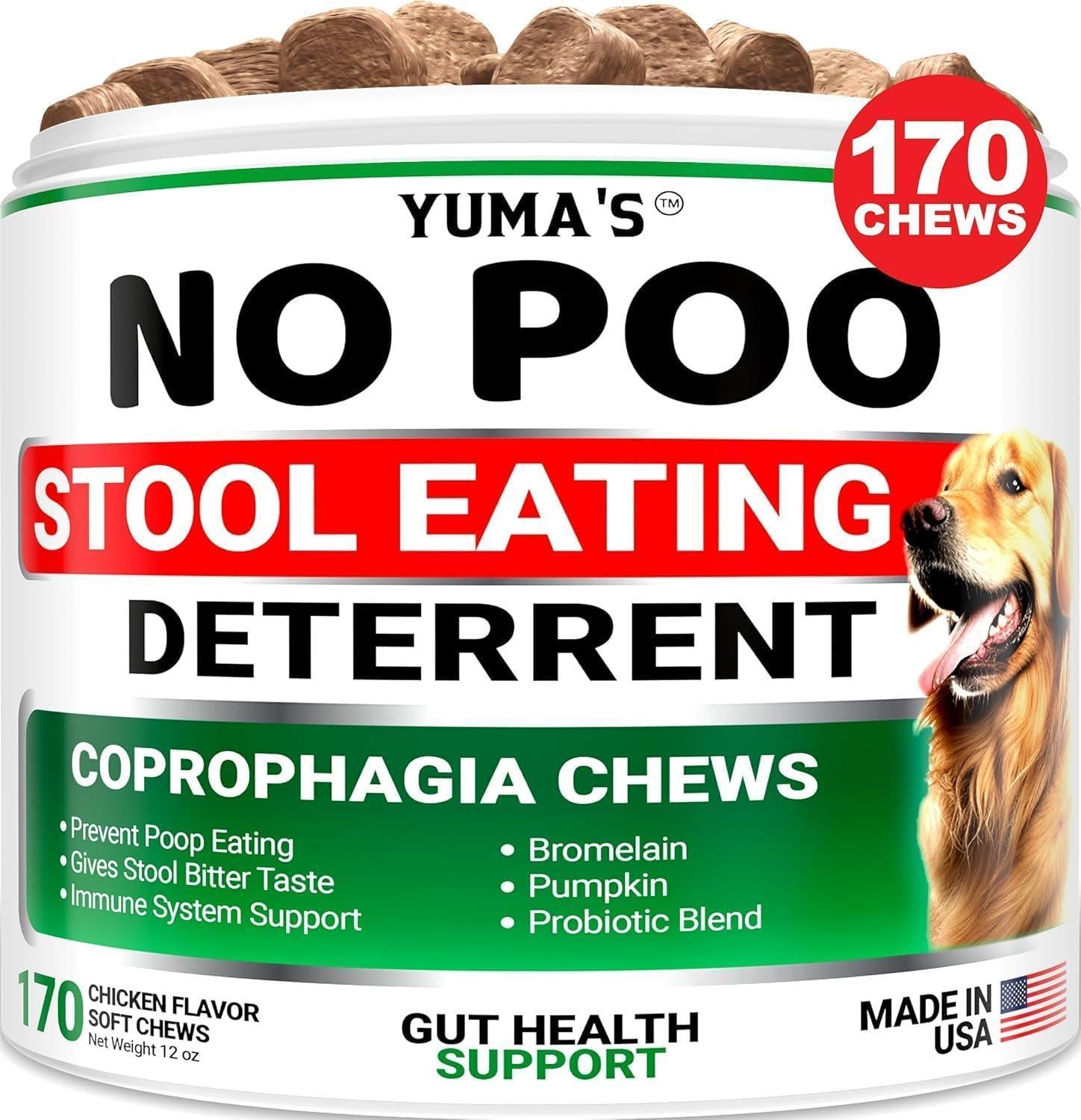 YUMA'S No Poo Coprophagia Deterrent Chews for Dogs. Probiotics & Digestive Enzymes Supplement. Made in USA. 170 Chews. For Pet With Love