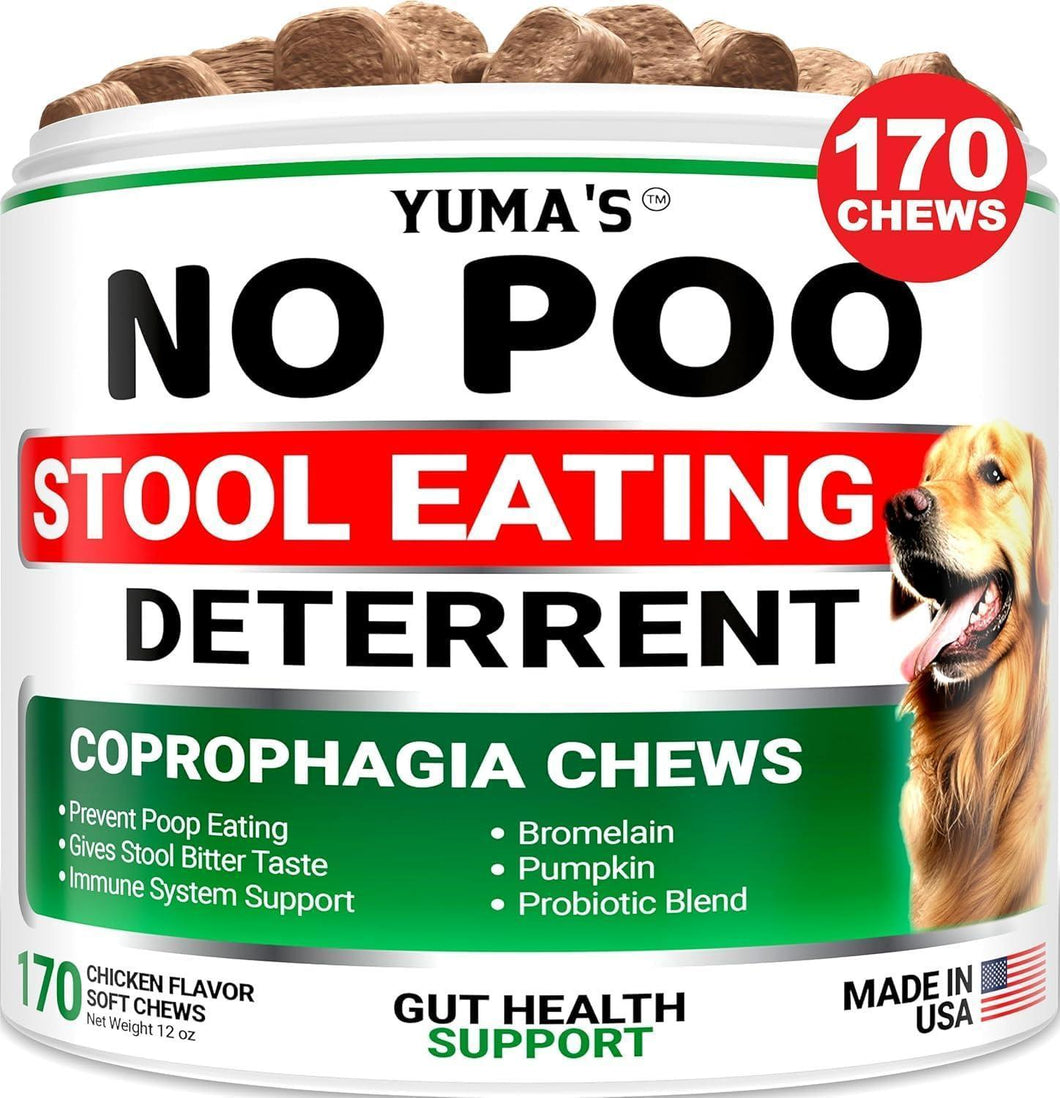 Yuma's No Poo Stool Eating Deterrent for dogs with a dog on the label.