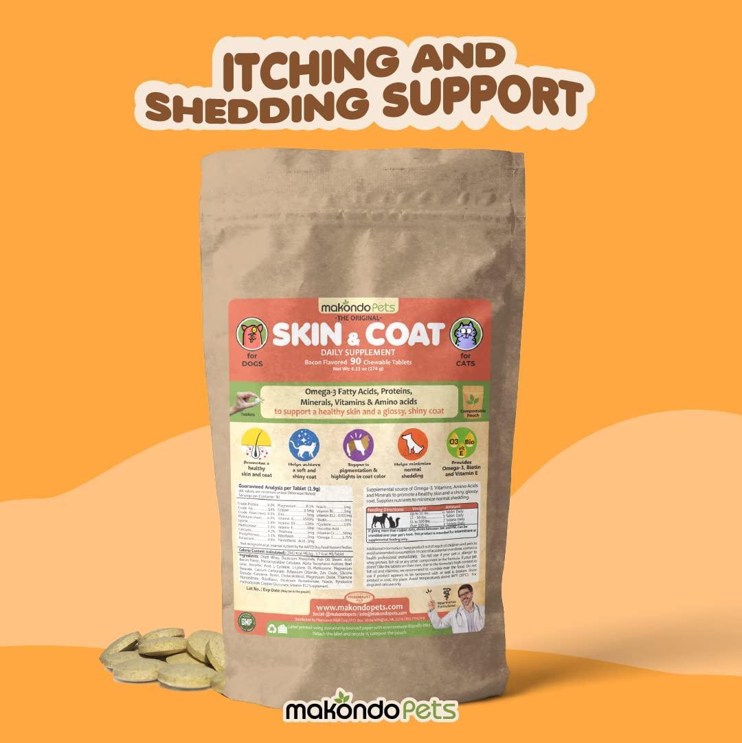 Makondo Pets Skin and Coat Supplement with Fish Oil for Dogs & Cats (90 Tablets) For Pet With Love