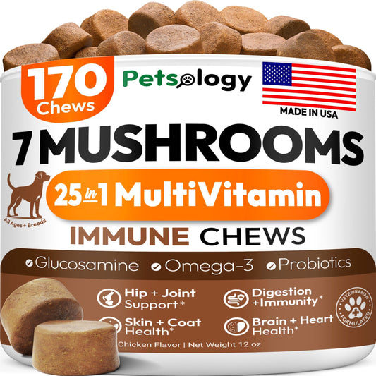 PETSOLOGY Mushroom Multivitamin Supplement for Dogs with Glucosamine, Omega 3 and Probiotics. 170 Chews For Pet With Love
