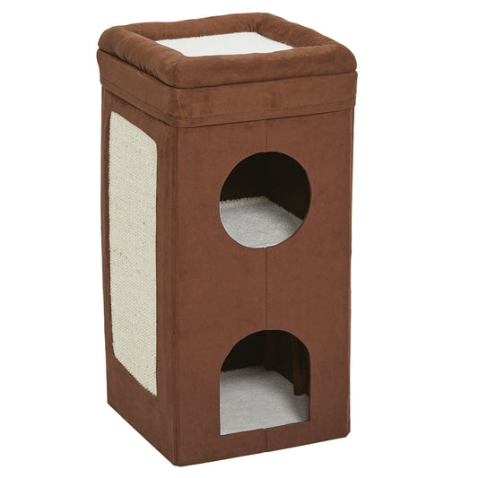 Midwest Curious Cat Cube Condo Brown Suede 14.60 x 14.72 x 30.39 For Pet With Love