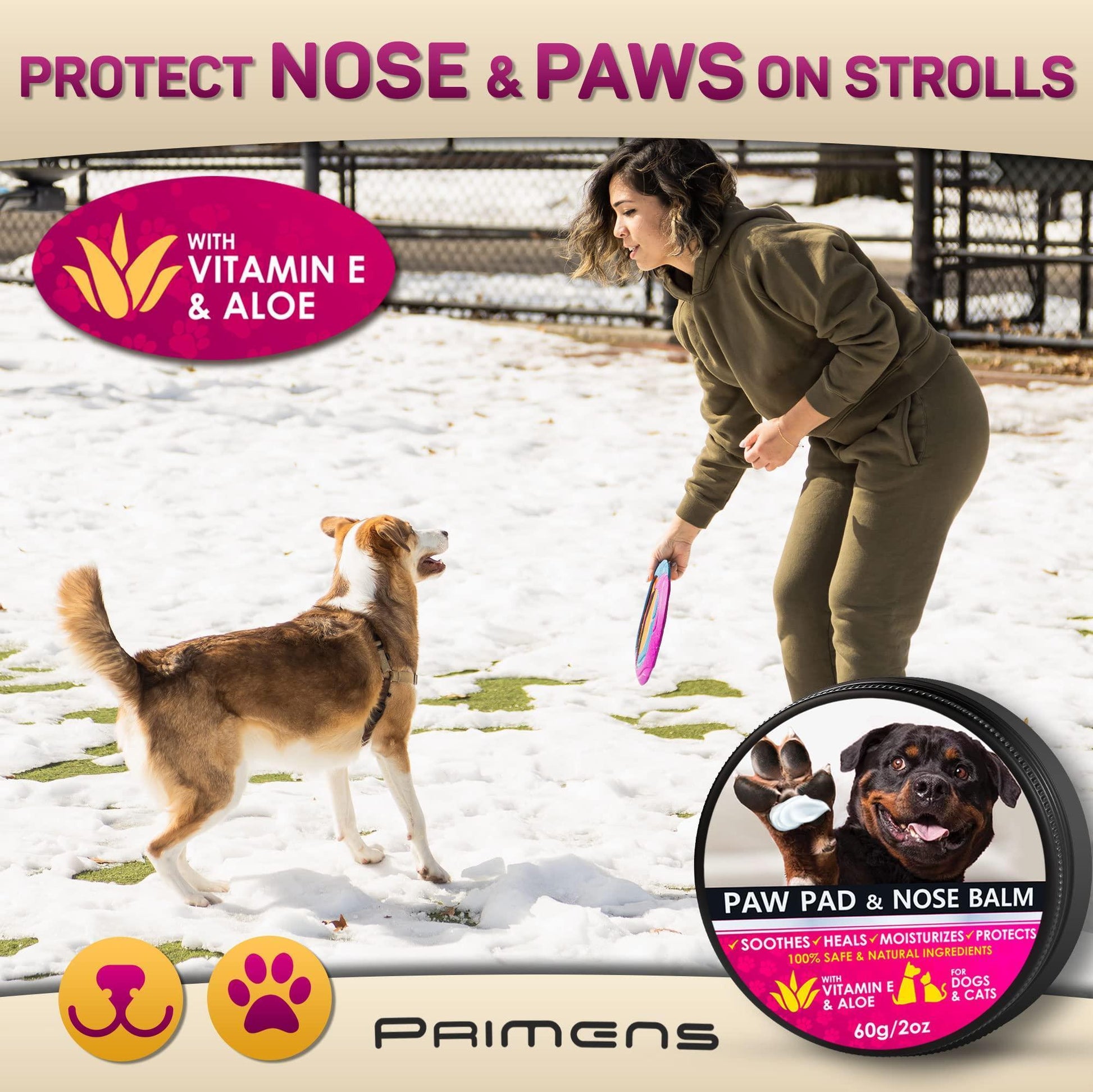PRIMENS Natural Dog Paw & Nose Balm  Canine Paw Moisturizer & Lotion (2 oz) For Pet With Love
