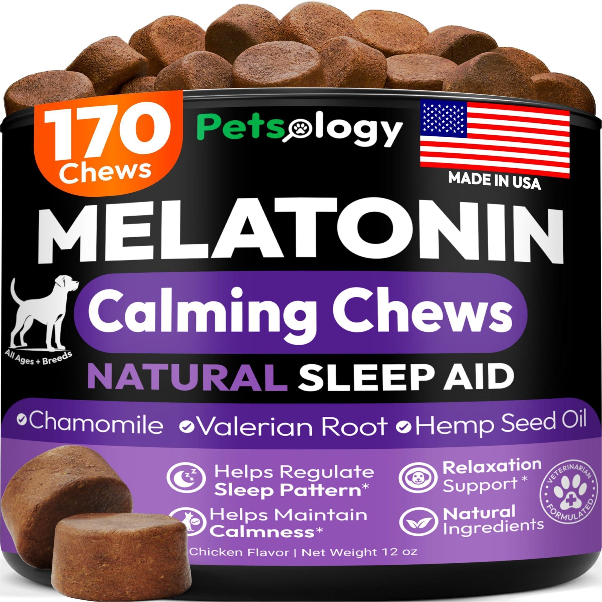 PETSOLOGY Melatonin Calming Chews for Dogs Natural Sleep Aid with Hemp Seed Oil, Chamomile, Valerian Root. Made in USA (170 Chews. Chicaken Flavor) For Pet With Love