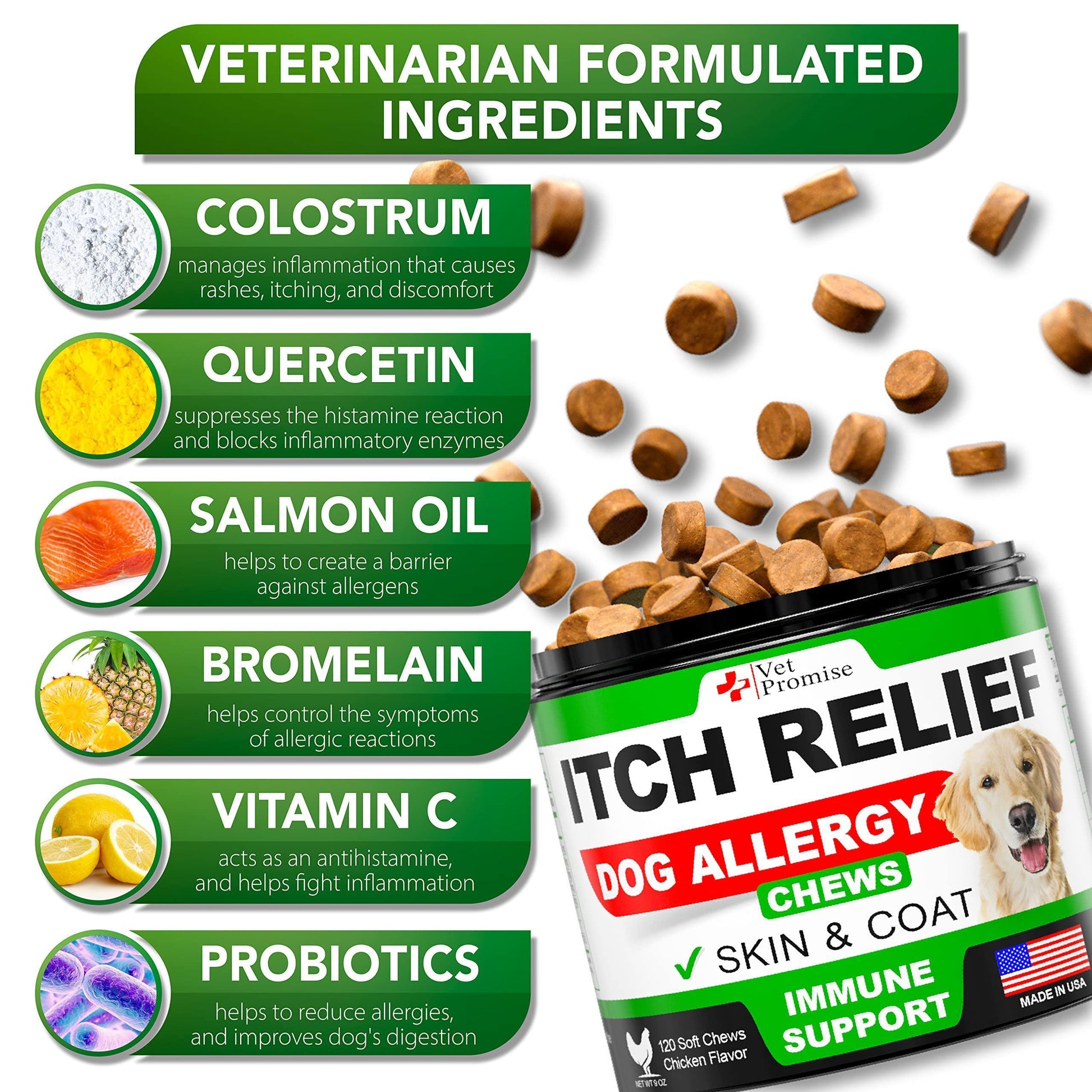 Vet Promise Allergy Itch Relief Immune Support Skin & Coat Health Supplement for Dogs. Made in USA.  120 Treats For Pet With Love